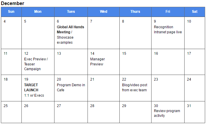 Calendar Template for an Employee Recognition launch | TemboSocial